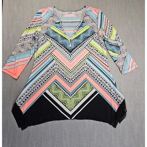 Nygard Women's Tunic Zip Up 3/4 Sleeve White Pink Blue Green Abst Print Sz M